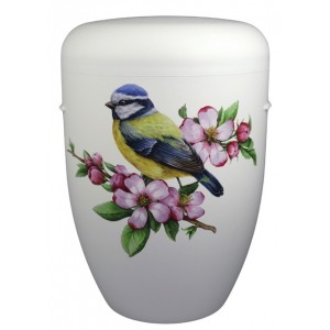 Hand Painted Biodegradable Cremation Ashes Funeral Urn / Casket - Blue Tit Bird